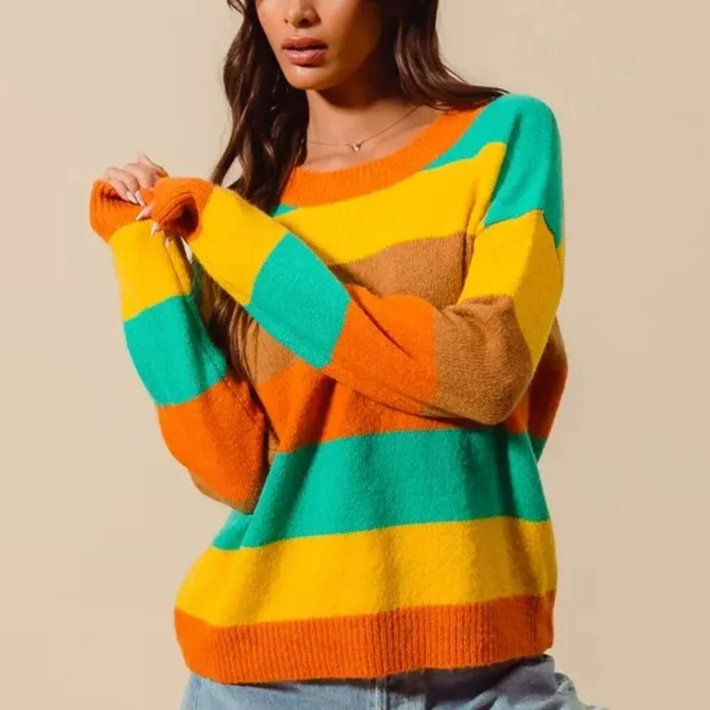 SO ME Multi‎ Color Stripe Sweater with Ribbed Detail